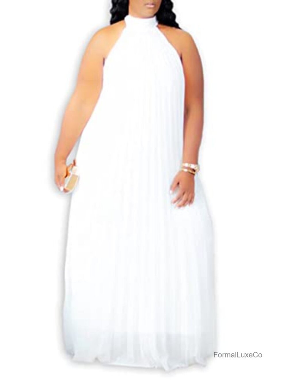 Plus Size Chiffon Halter Maxi Dress Sleeveless Pleated A-line Casual